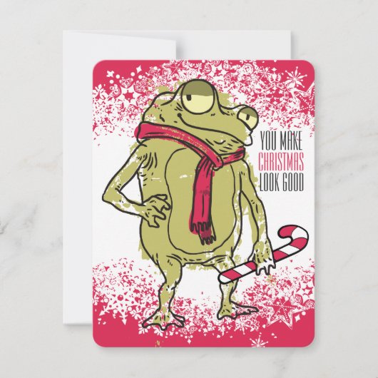 クリスマスによってハンドメイドカエルのスカーフの編み物のかぎ針編み シーズンカード (正面)