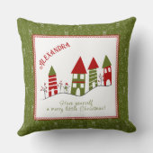クリスマスにカスタマイズ可能な可愛い赤&緑の村 クッション (裏面)