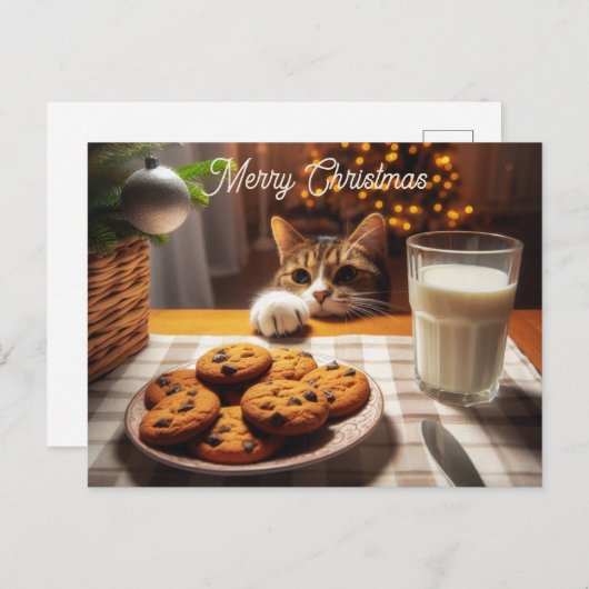 クリスマスにクッキーを手に入れるのかわいいタビー猫 シーズンポストカード (正面/裏面)