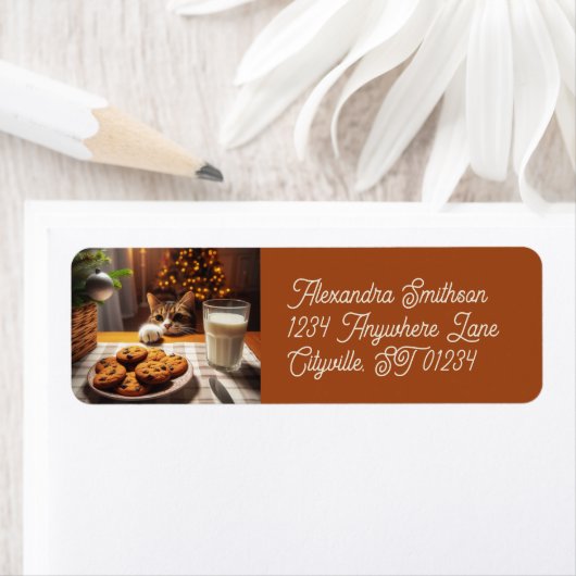 クリスマスにクッキーを手に入れるのかわいいタビー猫 ラベル (インサイチュ)