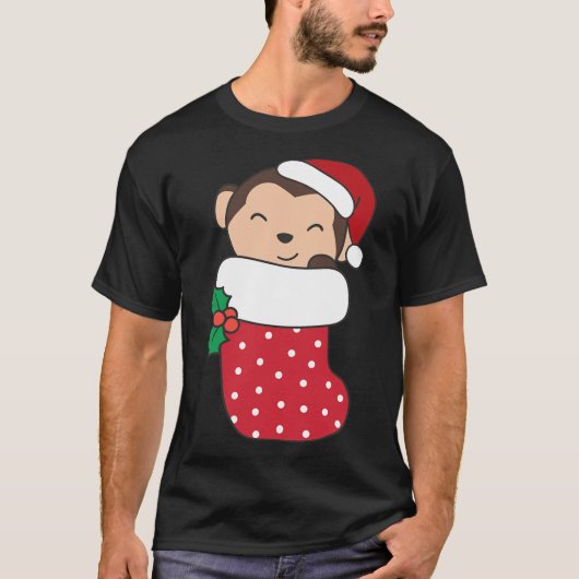 クリスマスにクリスマスを迎えるかわいいサルストッキング|過去記事 Tシャツ (正面)