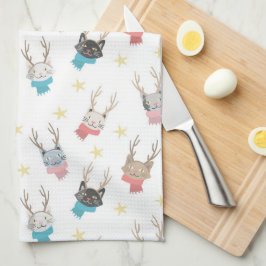 クリスマスにクリスマスを過ごす猫たち〔雄ジカの〕枝角柄 キッチンタオル