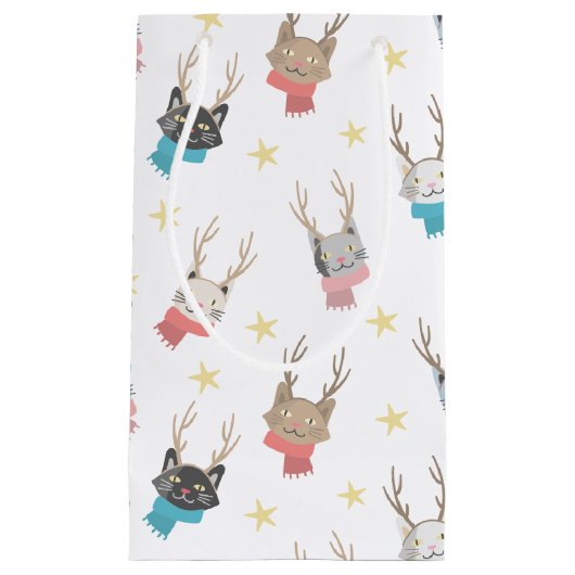 クリスマスにクリスマスを過ごす猫たち〔雄ジカの〕枝角柄 スモールペーパーバッグ (正面)
