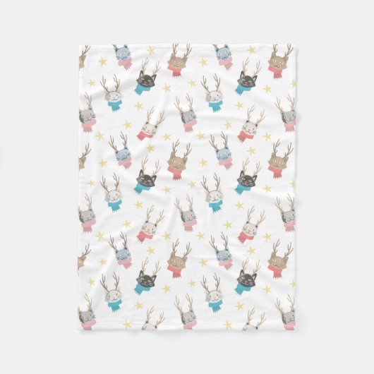 クリスマスにクリスマスを過ごす猫たち〔雄ジカの〕枝角柄 フリースブランケット (正面)