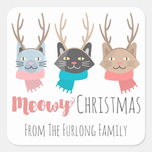 クリスマスにクリスマスを過ごす猫たち〔雄ジカの〕枝角 スクエアシール (正面)