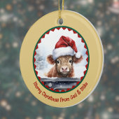 クリスマスにクリスマスを飾る可愛いサンタハット付きハイランドカウズ セラミックオーナメント