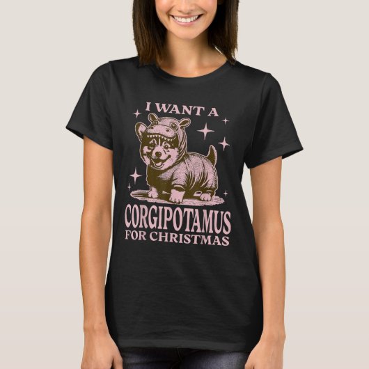 クリスマスにコーギタムスが欲しい 面白いコーギのクリスマス Tシャツ (正面)
