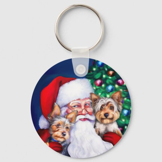 クリスマスにサンタのヨークシャーテリア キーホルダー (正面)