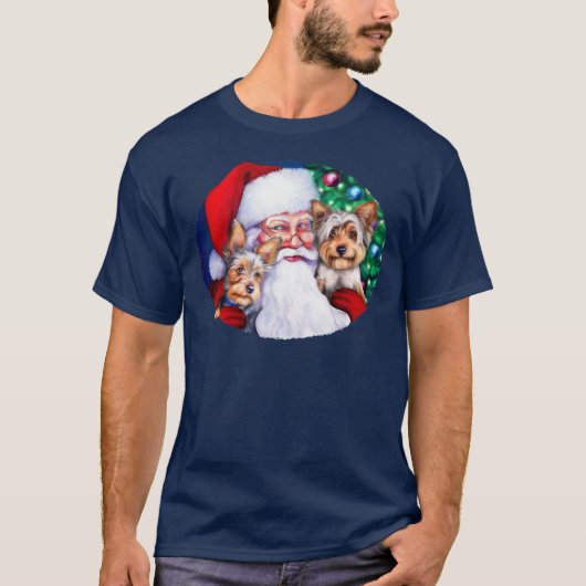 クリスマスにサンタのヨークシャーテリア Tシャツ (正面)