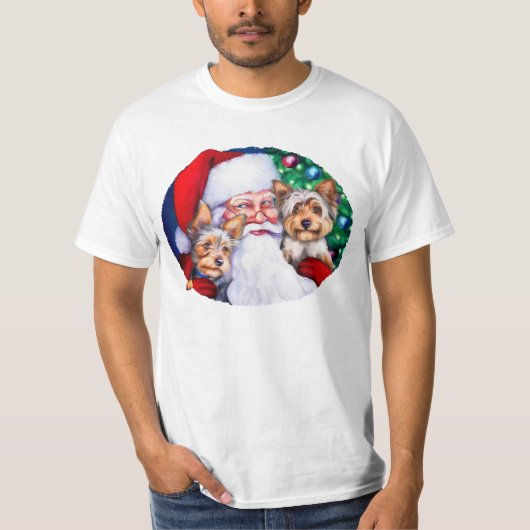 クリスマスにサンタのヨークシャーテリア Tシャツ (正面)