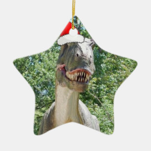クリスマスにサンタクロースの帽子をかぶった恐竜 セラミックオーナメント