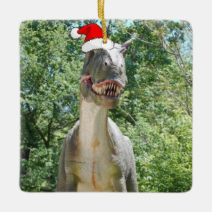 クリスマスにサンタクロースの帽子をかぶった恐竜 セラミックオーナメント