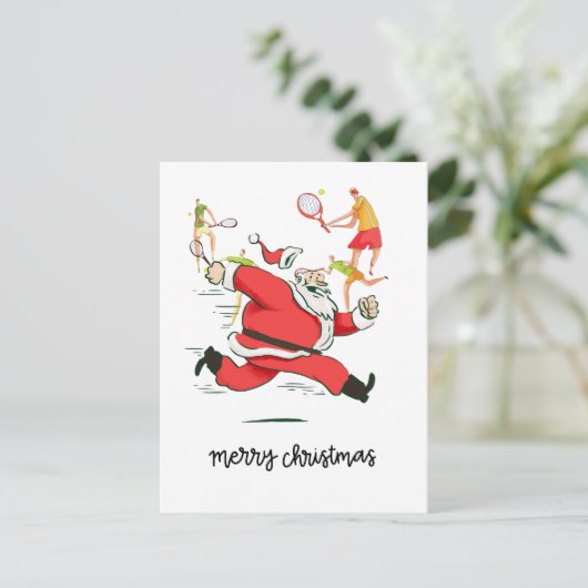 クリスマスにサンタクロースの後ろのテニス選手 シーズンポストカード (スタンド正面)