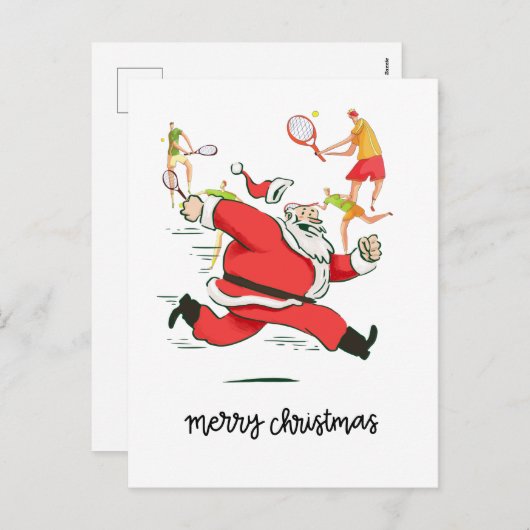 クリスマスにサンタクロースの後ろのテニス選手 シーズンポストカード (正面/裏面)