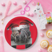 クリスマスにサンタクロース帽をかぶった2頭の馬 ペーパープレート (パーティー)