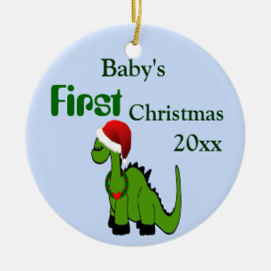 クリスマスにサンタハットに緑の恐竜 セラミックオーナメント