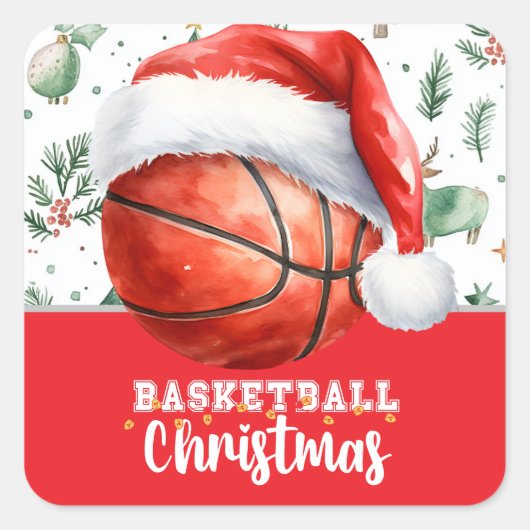 クリスマスにサンタハットを持つバスケットボール スクエアシール (正面)