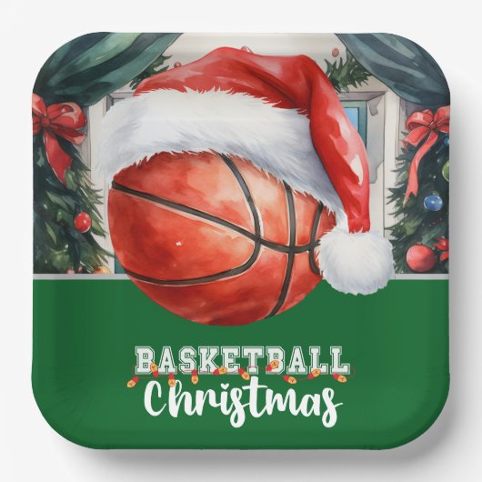 クリスマスにサンタハットを持つバスケットボール ペーパープレート (正面)