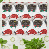 クリスマスにサンタ帽子をかぶったかわいい黒猫 キッチンタオル (折り畳み)