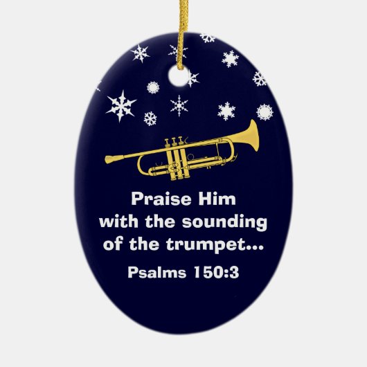 クリスマスにトランペット聖書で彼を褒める セラミックオーナメント (正面)