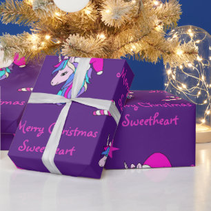 クリスマスにピンクのサンタハットで可愛いユニコーン ラッピングペーパー