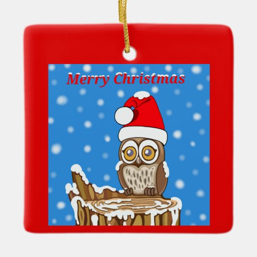 クリスマスにフクロウの雪片 セラミックオーナメント (正面)