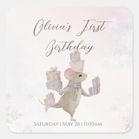 クリスマスにプレゼントを贈るかわいいネズミ スクエアシール (正面)