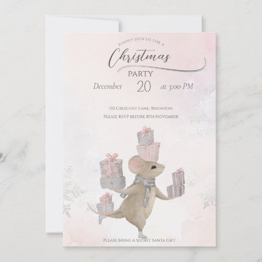 クリスマスにプレゼントを贈るかわいいネズミ 招待状 (正面)