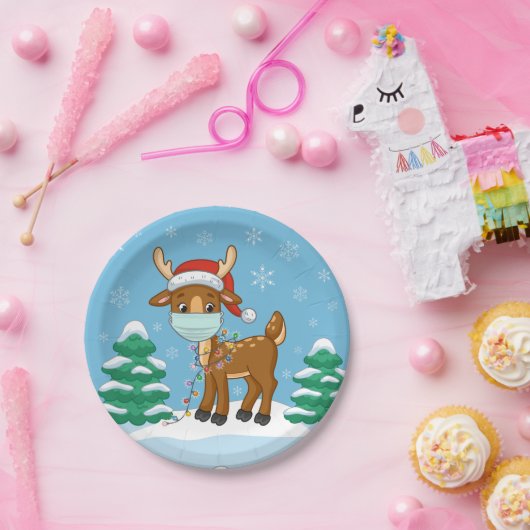 クリスマスにマスクを被るトナカイ ペーパープレート (パーティー)