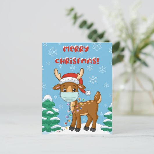 クリスマスにマスクを被るトナカイ ポストカード (スタンド正面)