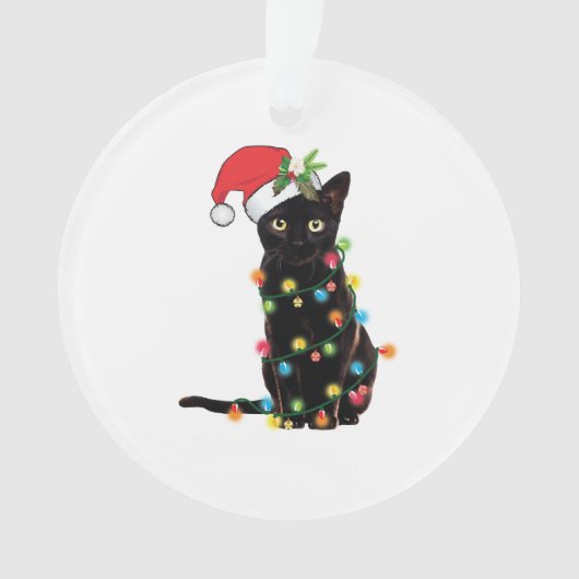 クリスマスにライトアップされた黒いサンタ猫 オーナメント (正面)