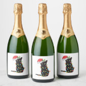 クリスマスにライトアップされた黒いサンタ猫 スパークリングワインラベル (ボトル)