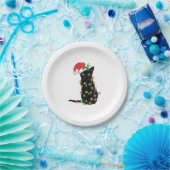 クリスマスにライトアップされた黒いサンタ猫 ペーパープレート (パーティー)