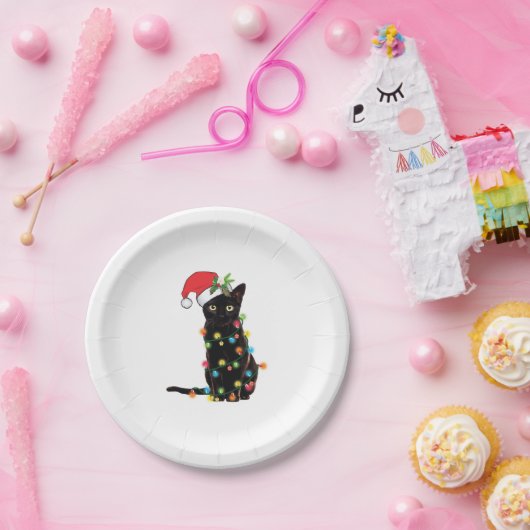 クリスマスにライトアップされた黒いサンタ猫 ペーパープレート (パーティー)