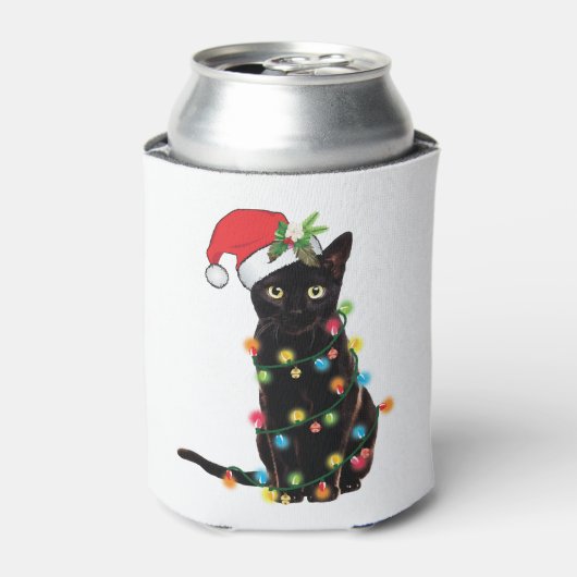 クリスマスにライトアップされた黒いサンタ猫 缶クーラー (缶正面)
