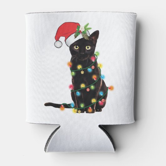 クリスマスにライトアップされた黒いサンタ猫 缶クーラー (正面)