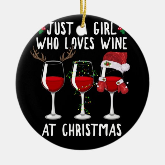 クリスマスにワイングラスが大好きな少女 セラミックオーナメント (正面)