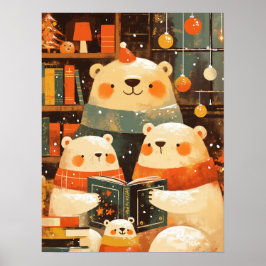 クリスマスに一緒に本を読むホッキョクグマの家族 ポスター
