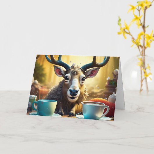 クリスマスに乗る準備ができているコーヒーのトナカイ カード (黄色い花)