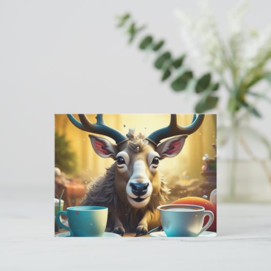 クリスマスに乗る準備ができているコーヒーのトナカイ ポストカード (スタンド正面)