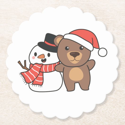 クリスマスに冬に雪だるまを持つ ペーパーコースター (正面)