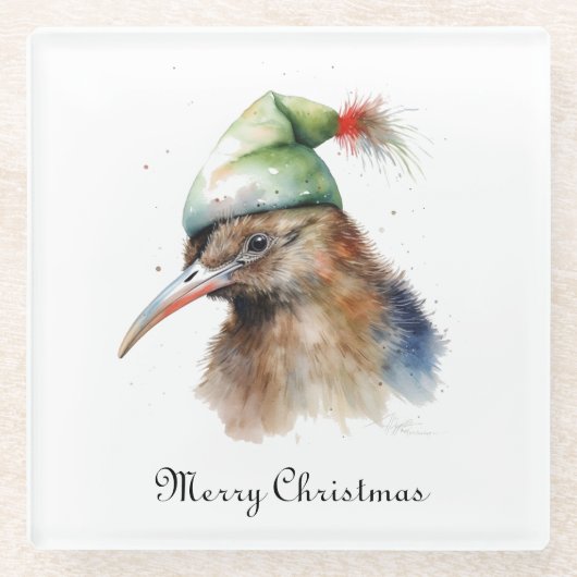 クリスマスに可愛いキウイの小妖精や小人帽子カスタム、 ガラスコースター (正面)