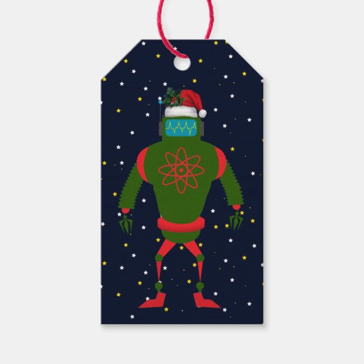 クリスマスに合う宇宙のグリーンロボットサンタ ギフトタグ (正面)