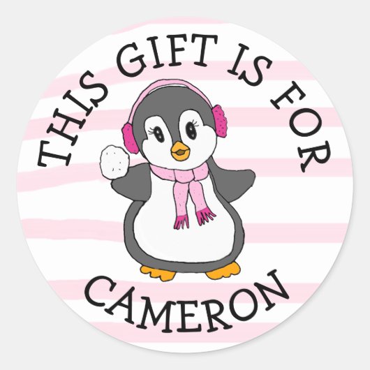 クリスマスに名前タグピンクペンギンのためのこの贈り物 ラウンドシール (正面)