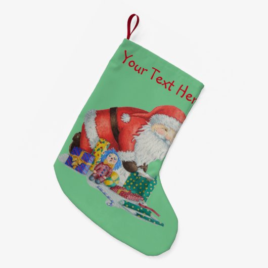 クリスマスに向けて準備をしているかわいい笑顔のサンタ スモールクリスマスストッキング (正面 (吊り時))