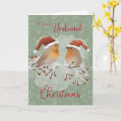 クリスマスに夫へ サンタ帽を被った鳥たち カード (黄色い花)