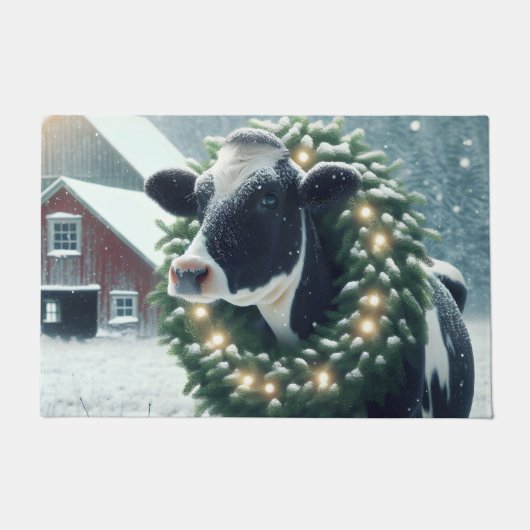 クリスマスに姿を現すホルスタインリース ドアマット (正面)