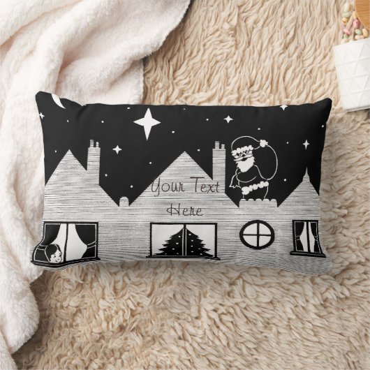 クリスマスに屋根の上でモノクロサンタとサック ランバークッション (ブランケット)