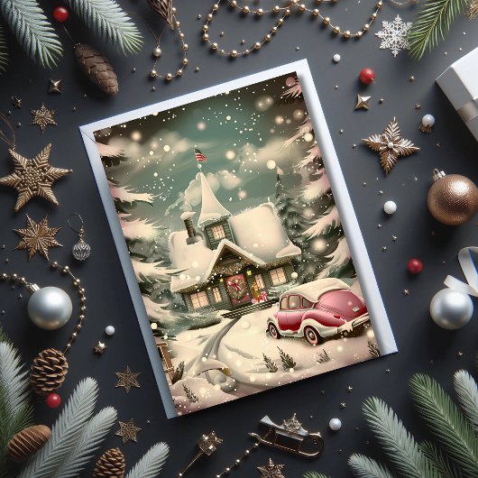 クリスマスに帰るあたたかなピンクの車と雪の別荘 カード