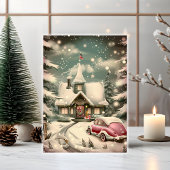 クリスマスに帰るあたたかなピンクの車と雪の別荘 カード